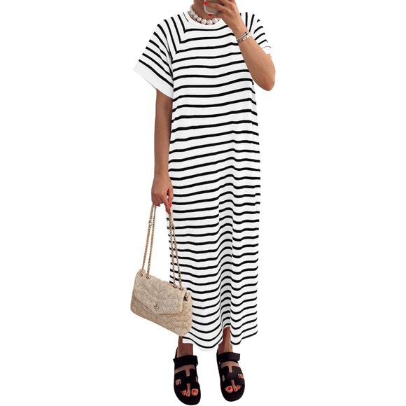 Women's Summer Cotton-Polyester Striped Maxi Dress with Pockets and Slit - Picture 1 of 8